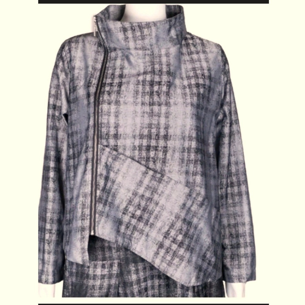 Sun Kim Womens Gray Black Asymmetrical Zip Plaid Jacket‎ Size S Made in USA